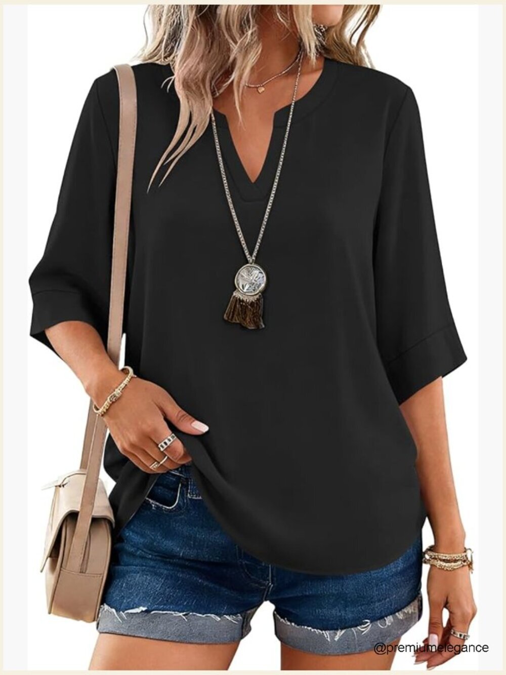 3/4 Length Sleeve V-Neck Blouse Button Down Tunics Women's Lightweight Tops